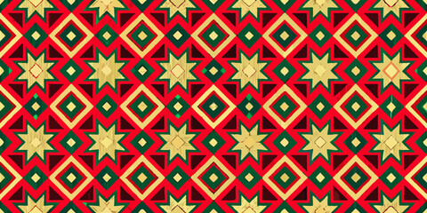 A repeating geometric pattern of stars and diamonds in red gold and green
