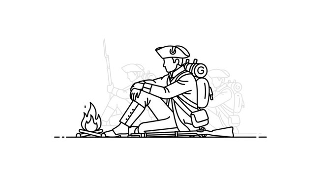Revolutionary War Soldier Sitting by Campfire, Resting with Rifle