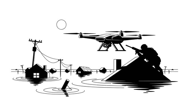 Soldier with Drone Over Flooded Town, Military Surveillance, Disaster Relief