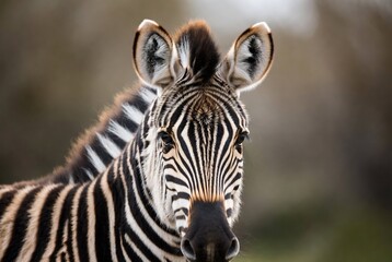 Fototapeta premium A zebra gazes directly at the camera with a curious expression.