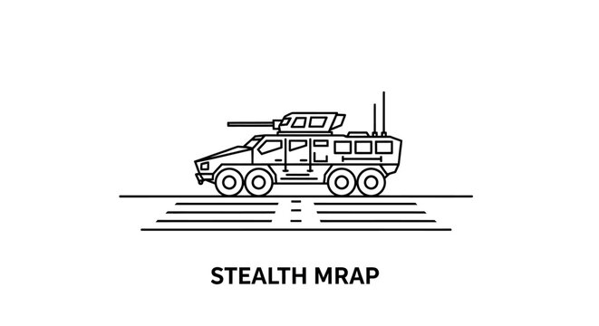 Stealth MRAP Military Vehicle Line Art Icon on White Background