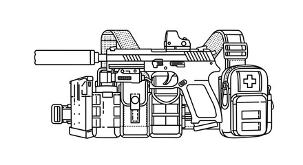 Obraz premium Tactical Vest with Pistol, Silencer, Medical Pouch, and Magazine Holders