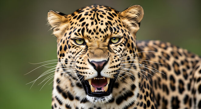 A close up portrait of a leopard snarling with its mouth open showing teeth