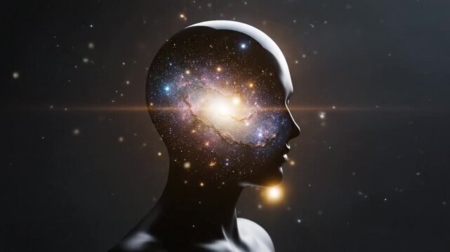 Cosmic Consciousness - Human Head Silhouette with Galaxy Brain Representing Universal Thought and Intelligence.