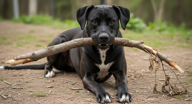 Black mixed breed dog lying on a dirt path holding a large wooden stick in its mouth looking at camera