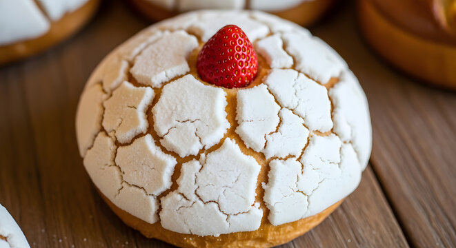 Close up of a traditional mexican concha sweet bread with white sugar crust and a fresh strawberry on top