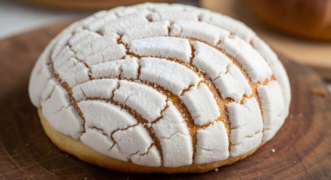 Delicious Mexican sweet bread concha with white sugar topping on a wooden board