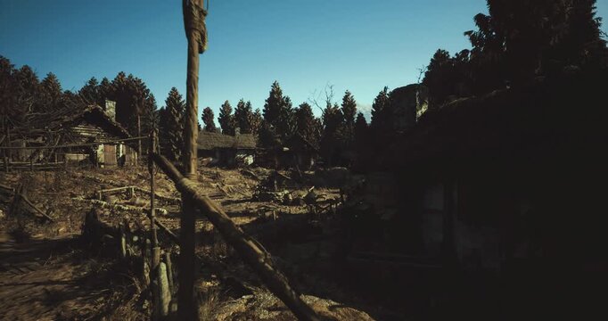 remote valley panorama with scattered cottages and low sunlight, wide view of textured ground, fencing and tree line, moody cinematic lighting evokes solitude