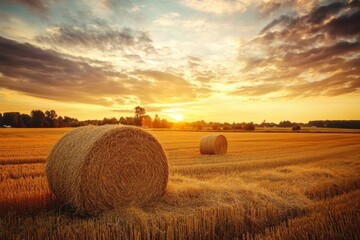 Golden haystacks in a field at sunset with a cloudy sky showing agriculture activities in the countryside