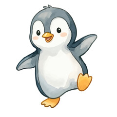 Obraz premium Cute cartoon penguin enjoying in winter snow iilustration