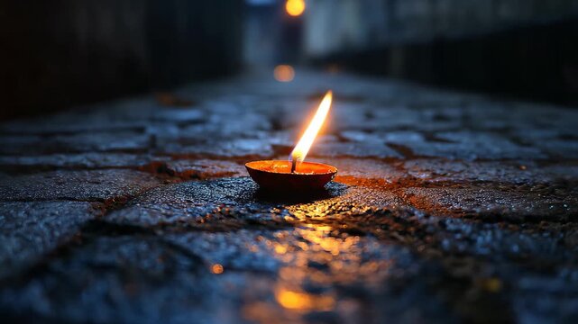 Glowing Candle Flame on Stone Pavement at Night, A single candle flame illuminates the dark stone pavement