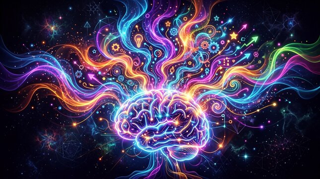 Anatomical brain emitting colored waves blue smoke concept. Colorful abstract illustration of a human brain with vibrant swirling lines and symbols representing creativity and neural activity.