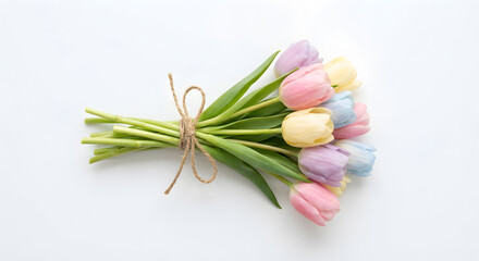 Naklejka premium A bouquet of colorful tulips tied with twine on white background