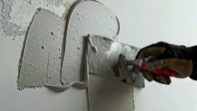 Applying textured finish to a wall.