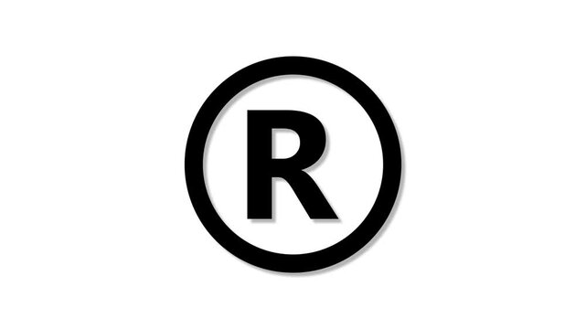 Black and white registered trademark symbol in bold capital letter r inside a circular frame animation for legal protection business