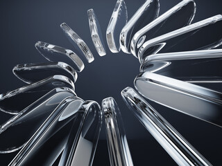 Plakat Liquid glass transparent circle array on dark 3d background. Abstract render ring, radial circular pattern of clear rectangle plate shapes, crystal rounded lines with light refraction. 3D illustration