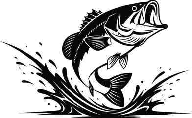 Fototapeta premium Powerful black and white bass fish leaping from water with splashes, embodying strength and the thrill of sport fishing, jumping fish, largemouth bass, fish illustration