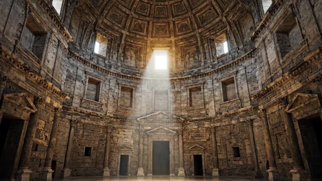 Ancient domed building interior with sunlight and stone architecture