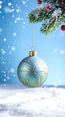 A blue Christmas ornament hanging from a snowy pine branch