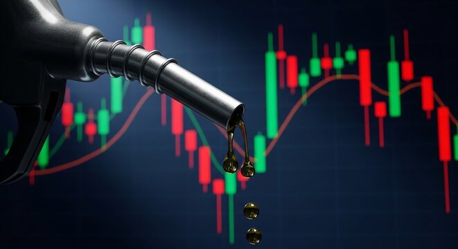 Fuel prices or energy markets gas pump nozzle ,fuel nozzle with drops of oil falling against a blurred background of a financial candlestick stock market chart, representing global energy prices and f