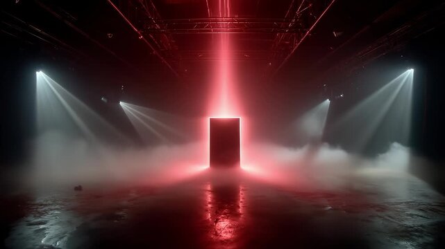 Red glowing rectangular portal with white spotlights and fog on stage
