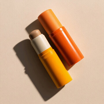 Daily use cosmetic stick and cap in modern orange packaging on beige background, minimalist beauty product flat lay with bold shadows and clean branding