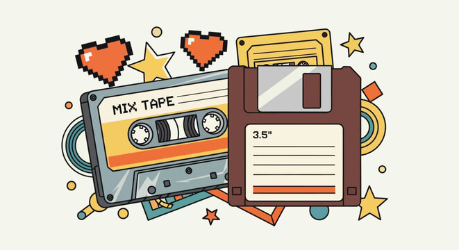 A nostalgic collection of retro tech items, including a mix tape and floppy disk.
