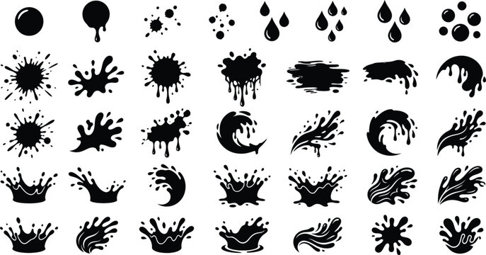 Black dripping ink. Isolated spots of paint, floating oil blots, vector set. Blob paint, ink splatter, black, stain, and drip illustration
