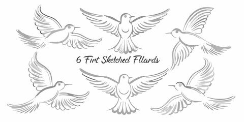 Obraz premium Six sketched birds in various flight poses grayscale illustration