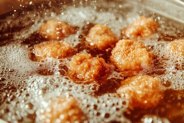Nuggets frying in hot oil with bubbles and splashes in a clean kitchen during busy cooking time