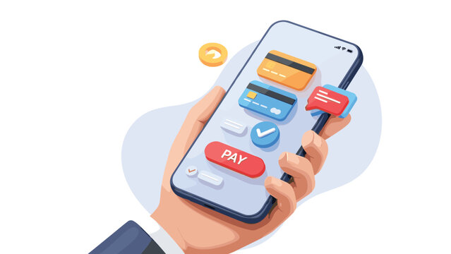 Hand holds smartphone for secure mobile payment with credit cards and red pay button on screen against white background.