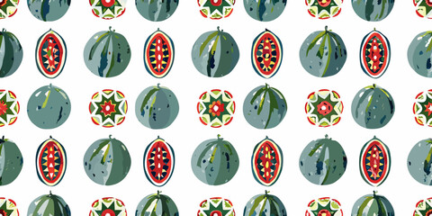 Repeating pattern of stylized watermelon slices and whole fruits © Topoti