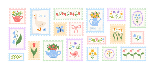 Hand drawn coquette Spring summer postage stamps in whimsical lines. Floral cute vector stickers.  Flowers, watering can, goose, bow, teapot, bouquet blossom flowers, blue and green pastel colors.