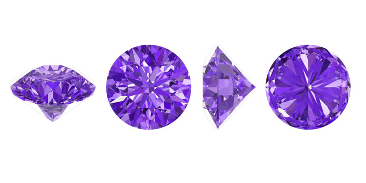 Round Amethyst &mdash; Multi‑View 3D Render, Isolated round‑cut amethyst in top, side, pavilion, and star views&mdash;perfect for jewelry design, branding, and mockups.