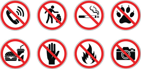 Set of Prohibition Signs Featuring Red Circle Icons for No Smoking No Food No Pets No Photography and No Littering Hazards