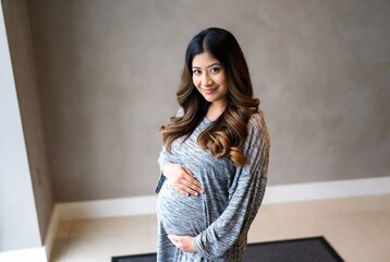 Fototapeta premium A pregnant woman is posing for a portrait. She’s holding her stomach and smiling in a hotel room.