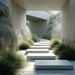 Fototapeta premium Modern pathway concrete step tunnel natural rock ornamental grass outdoor minimal architecture sunlight serene