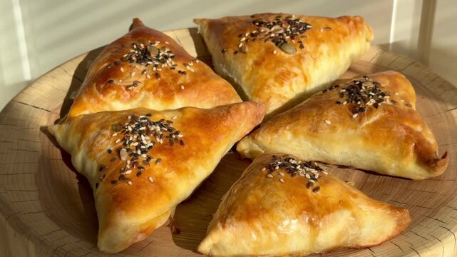 Traditional meat samsa for Ramadan Iftar on a luxury ash wood stump board. Golden puff pastry with sesame seeds in bright sunlight. Homemade Halal food for breaking the fast, Ramadan Kareem.
