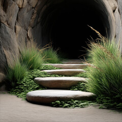 Fototapeta premium Stone pathway tunnel green grass natural light round steps stone wall overgrown mysterious tranquil nature
