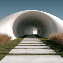 Fototapeta premium Futuristic tunnel white architecture curved structure pathway modern design outdoor blue sky grass ornamental grass serene