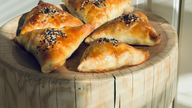 Traditional meat samsa for Ramadan Iftar on a luxury ash wood stump board. Golden puff pastry with sesame seeds in bright sunlight. Homemade Halal food for breaking the fast, Ramadan Kareem.