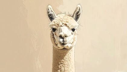 Fototapeta premium Close-up portrait of a fluffy white alpaca with a curious gaze.
