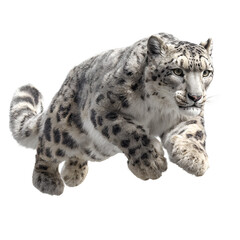 Obraz premium Snow leopard jumping in mid-air with powerful action pose, majestic wild cat leaping with thick spotted fur and long tail, predatory ounce hunting with intense focused expression and paws