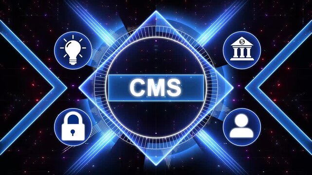 Digital CMS concept with interconnected icons and with gears background Keywords: CMS, content management system, digital, modern technology, internet and social media icons 4K animation background.