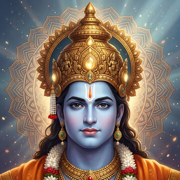 Serene lord rama portrait with traditional jewels for rama puja ram navami and dussehra holy days symbolizing peace and justice for all hindu religious devotees