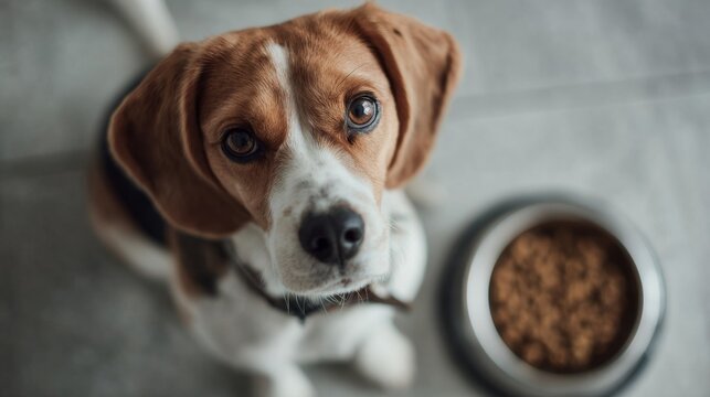 Dog with a bowl of food sitting on the floor
