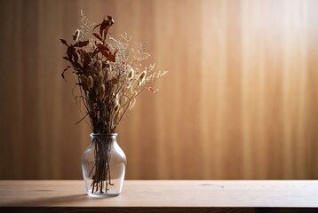 Naklejka premium A vase of dried flowers sits on a wooden table.