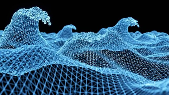 A 3D digital art representation of ocean waves made from a blue wireframe mesh