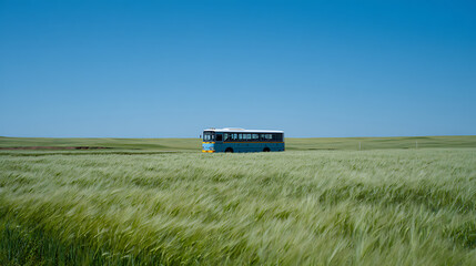 Fototapeta premium Solitary blue bus parked in a vast green field under a clear blue sky, evoking feelings of journey, freedom, and peaceful isolation