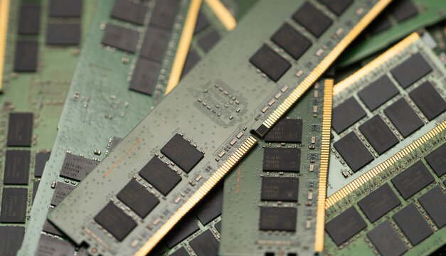RAM computer memory module hardware technology. RAM DDR chip electronics circuit board. RAM DRAM microchip motherboard slot. RAM computing processor system performance.